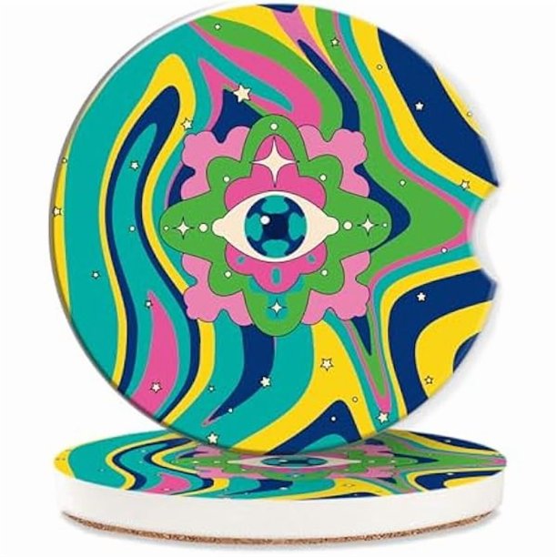wonima02 Car Coasters for Cup Holders,2 Pack Groovy Eye Absorbent Ceramic Coaster 80s Trippy Psychedelic Wave Car Cup Holder Non-Slip Auto Accessories Interior Decor for Your Car Keep Clean