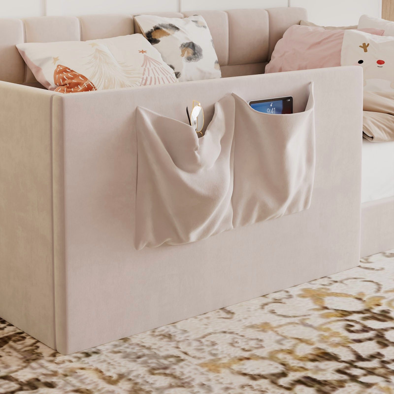 Twin Size Velvet Daybed with 2 Storage Pockets, Upholstered Guest Sofa Bed Frame with High & Padded Backrest