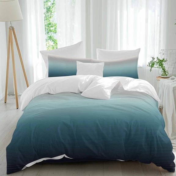 Grey Turquoise Duvet Cover Set Queen Size Stripe Gradient Soft Lightweight Comforter Covers 4 Piece Bedding Set with 1 Duvet Cover 1 Bed Sheet & 2 Pillow Shams
