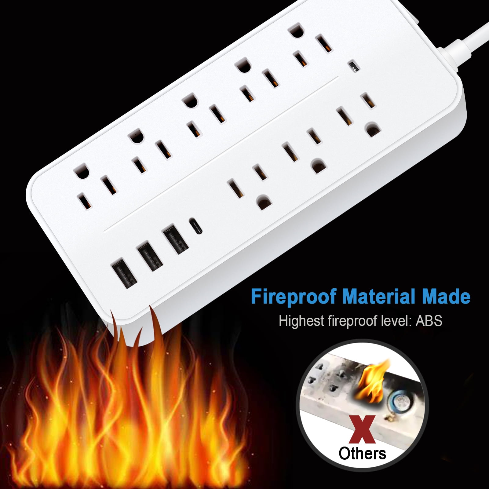 12-in-1  Protector Power Strip Extension Cord Flat Plug Power Strip With Long Cord 8 Outlets And 3 USB &amp; 1  Port 1700J Wall Mount Desk Power Strip For Home Office