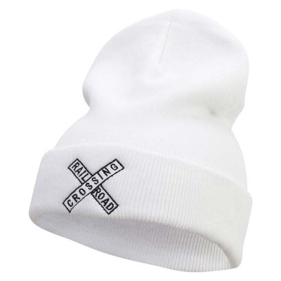 Railroad Crossing Embroidered 12 Inch Long Knitted Beanie - White OSFM