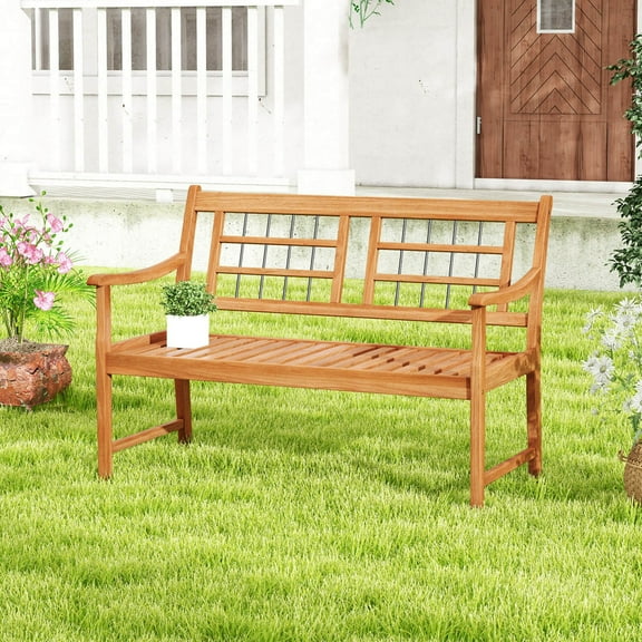 Costway Outdoor Acacia Wood Bench 2-Person Patio Bench with Slatted Seat &  Backrest