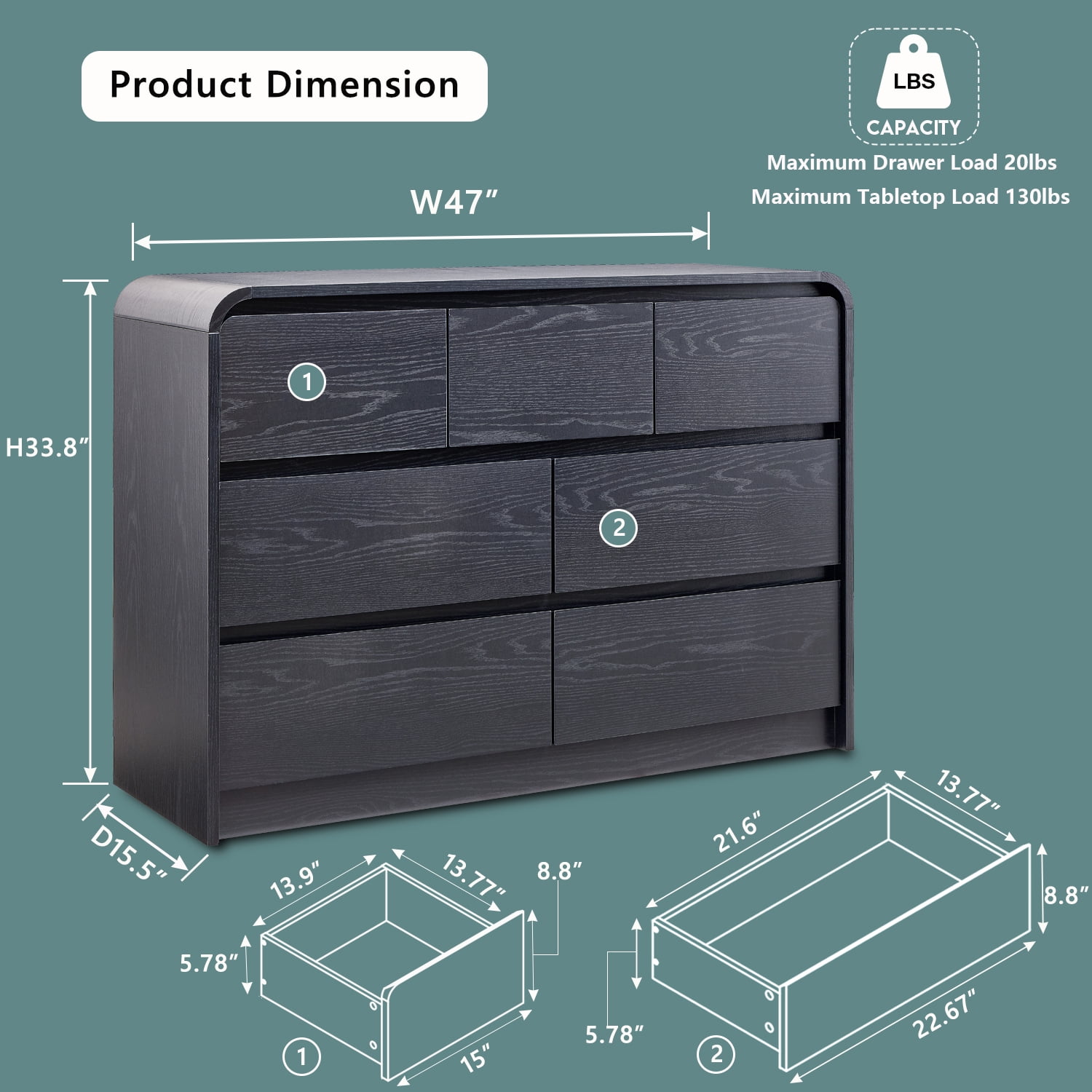 wow97e Modern 7 Drawers Dresser for Bedroom, Mid Century Chests of Drawers w/Curved Profile Design, 47" Wide