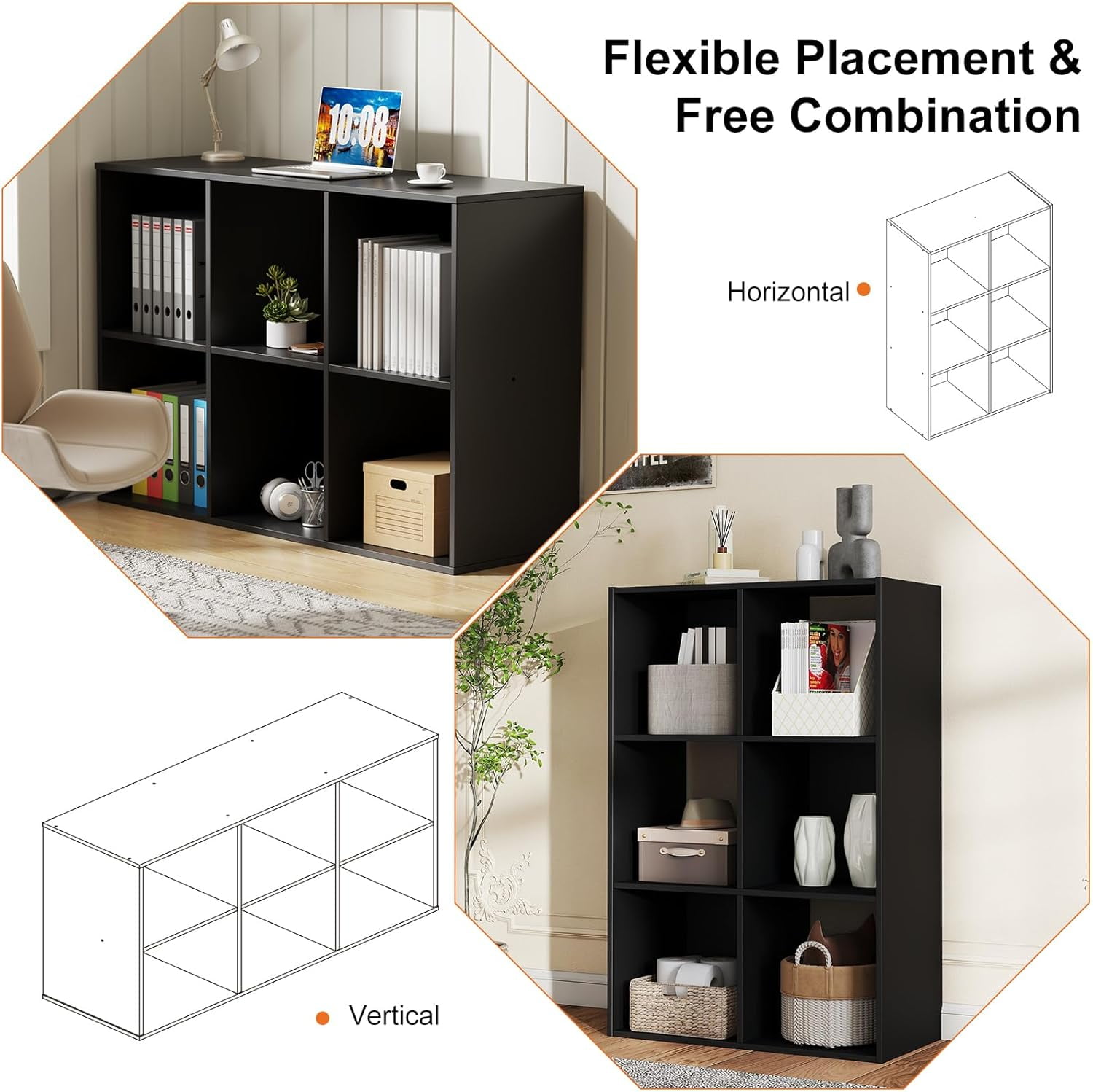 Black Cube Storage Unit, 3-tier Bookcase with 6 Cube Storage Unit, Open Display Bookcase with Removable Back Panels for Living Room, Home Office, Bedroom,