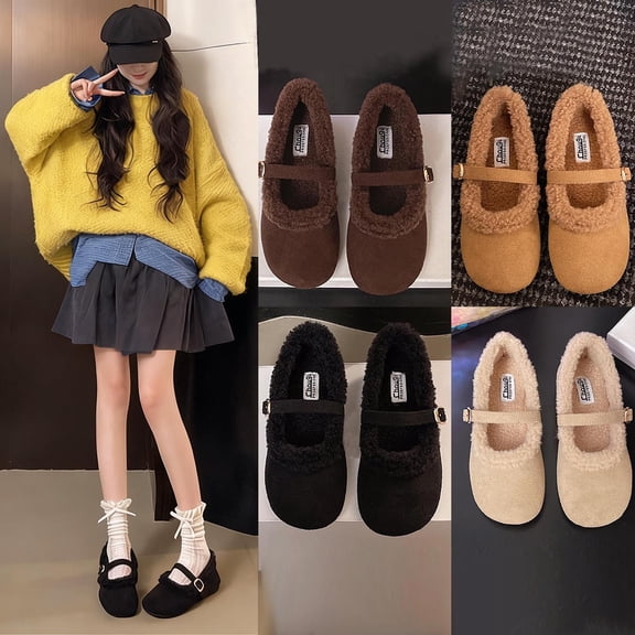 FRSASU Women's Loafers Shoes Fur Fashion Mary Jane Shoes Short Plush Cotton Comfort Dress Shoes Khaki