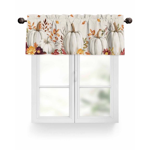 Farmhouse Fall Thanksgiving Kitchen Valances for Windows Boho White Floral Pumpkin Leaf Valance Curtains  for Kitchen /Living Room/Bedroom/ Bathroom Decor, 54"x18 " ,Rod Pocket 1 Panel,