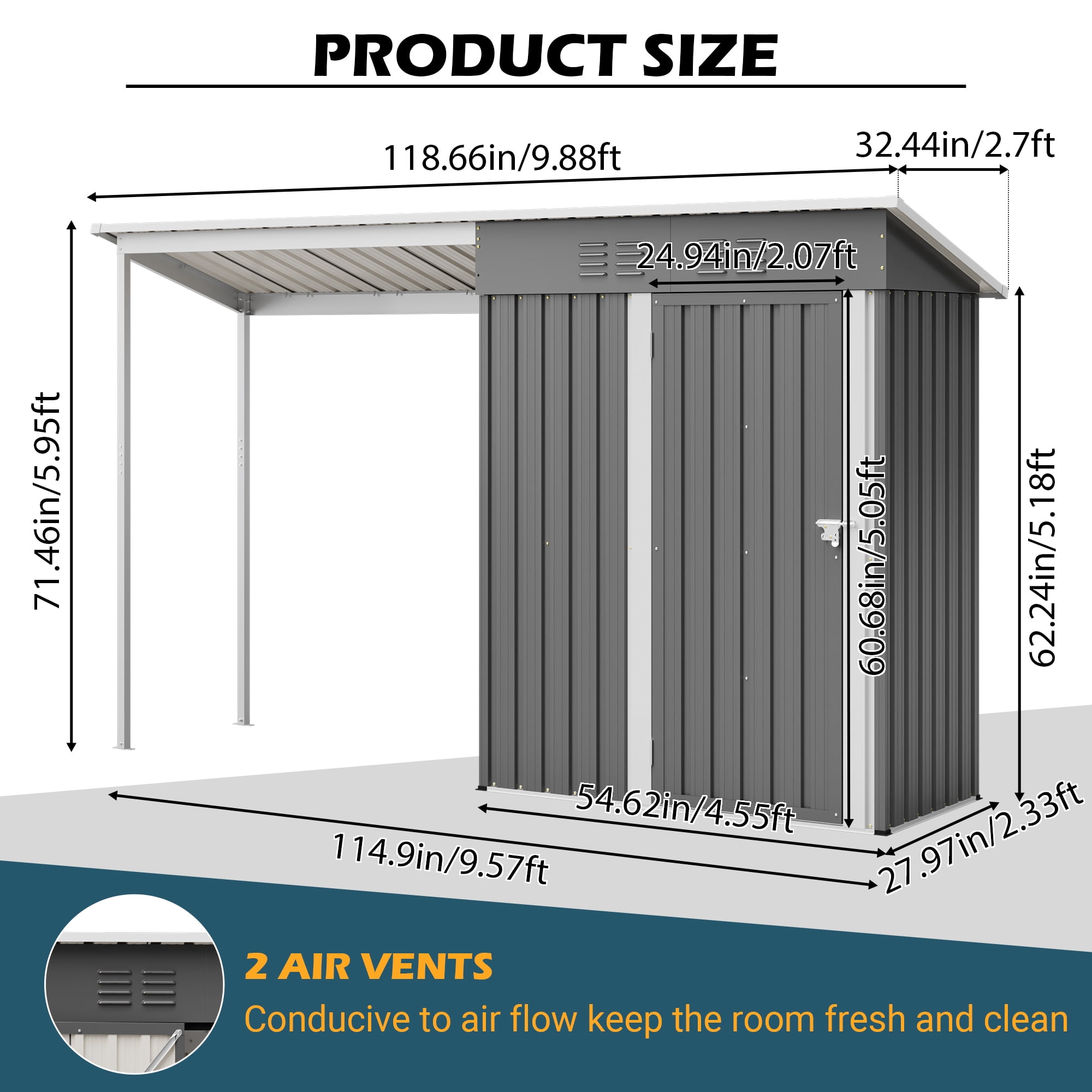 LZBEITEM Outdoor Open-Sided Storage Shed, 5x3 Sheds & Outdoor Storage with Covered, Small 2-in-1 Tool Shed with Attached Hardtop Metal Pergola Gazebo