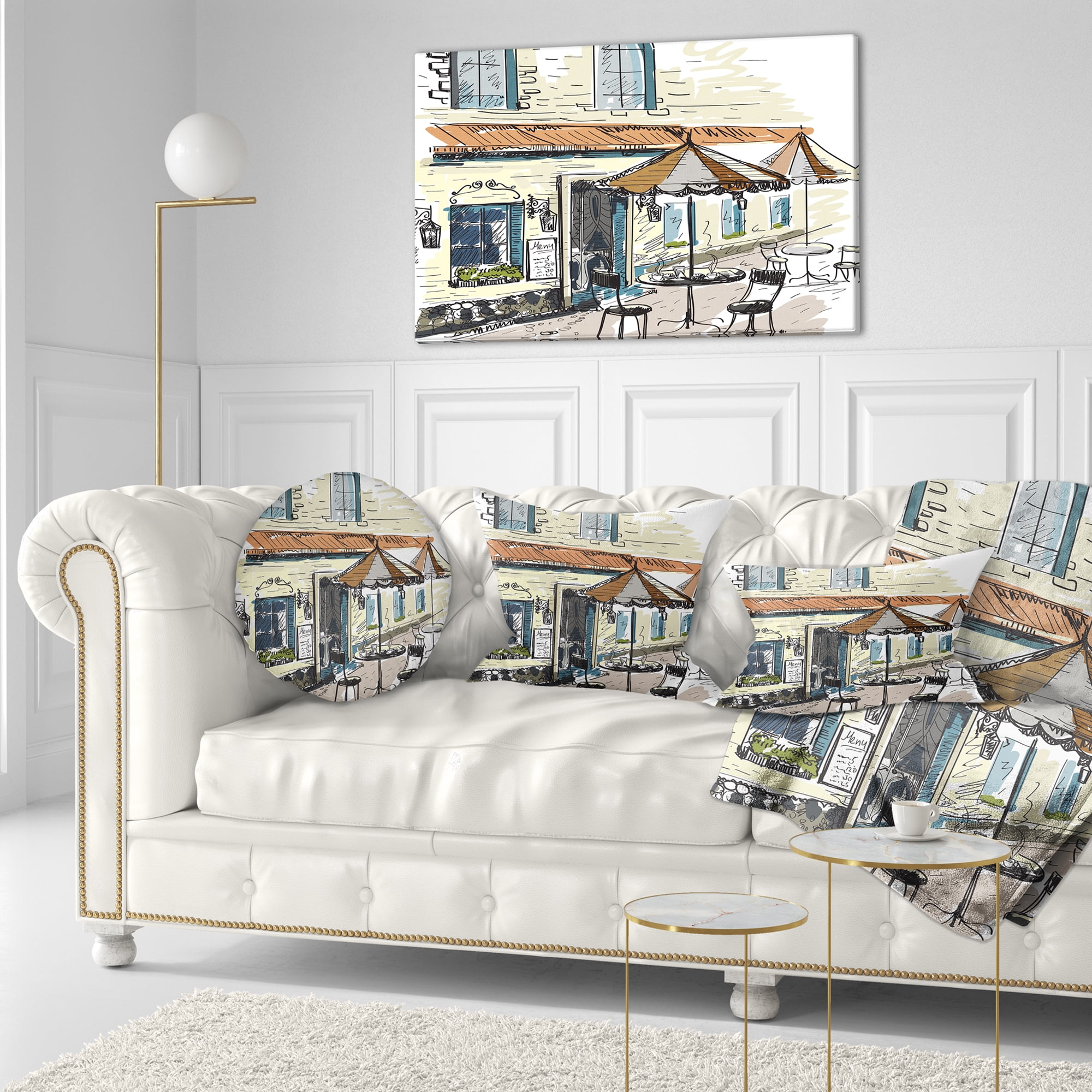 Designart Street Cafe - Watercolor Painting Throw Pillow - 12x20