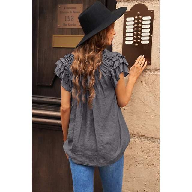 ABPHQTO Top gris con cuello en V y cordón con volantes en capas para mujer