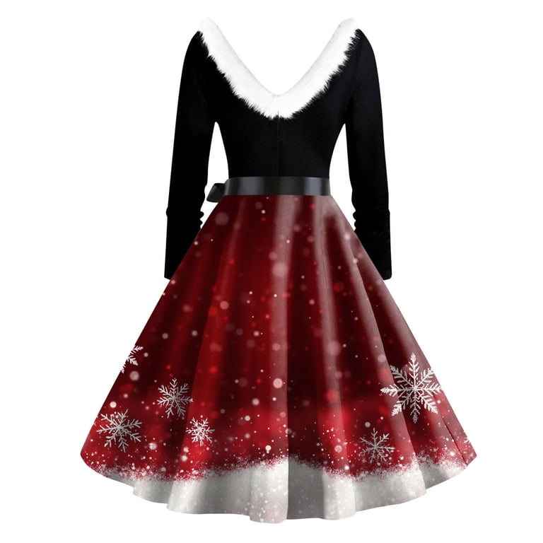 Christmas Dresses for Women Women's Casual And Fashionable Long Sleeved  V-neck Print Matching Zipper Dress with Fur and Christmas Tree for Holiday  Party,Deep Red,M - Walmart.com