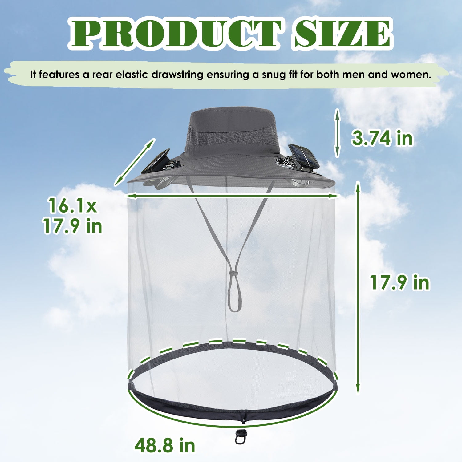 Solar Fan Hat with Mesh, AYAMAYA UPF50+ USB Charging Solar Fans Sun Hat with Mosquito Net & Wide Brim for Working Hiking