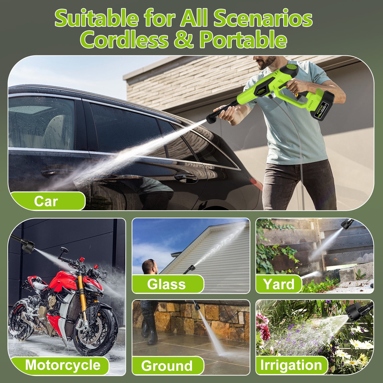 Welan 1450PSI Portable Cordless Pressure Washer, 21VF Power Washer with 6-in-1 Nozzle, 5L/Min Flow and 1 Rechargeable Battery, Compact Electric Cleaner for Cars, Windows, Driveways