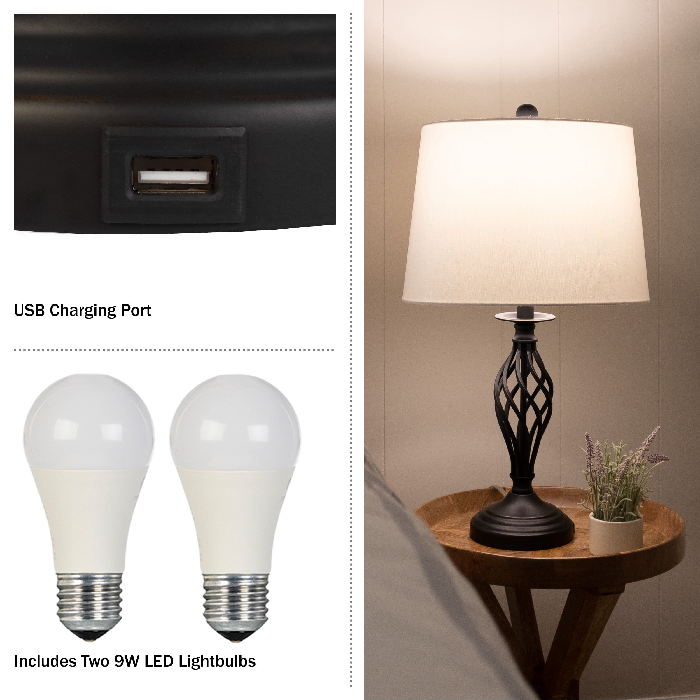 Lavish Home Set of 2 Modern Table Lamps with USB Charging Ports (Black)