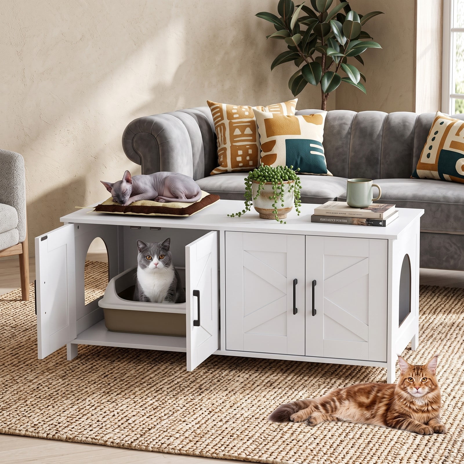 ALPULON Cat Litter Box Enclosure for 2 Cats Modern Kitty Litter Box Furniture Cabinet Hidden Washroom Side Table with Barn Doors and Tabletop, White