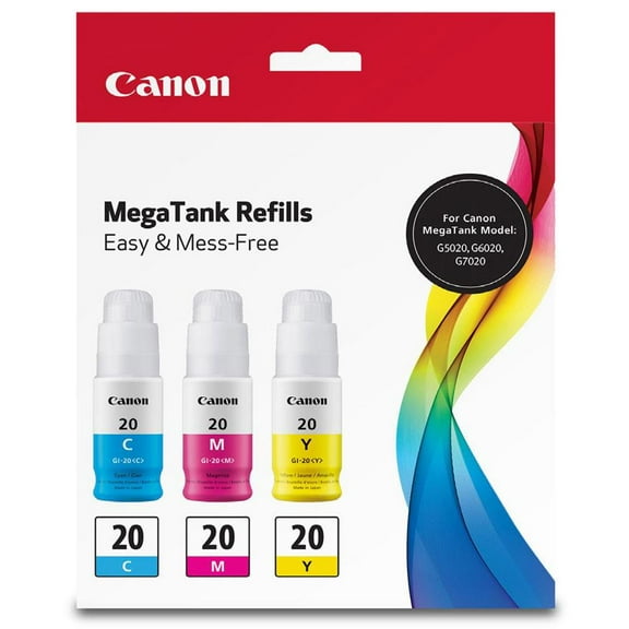 Canon GI-20 Ink Bottle Pack (Cyan/Magenta/Yellow) in Retail Packaging
