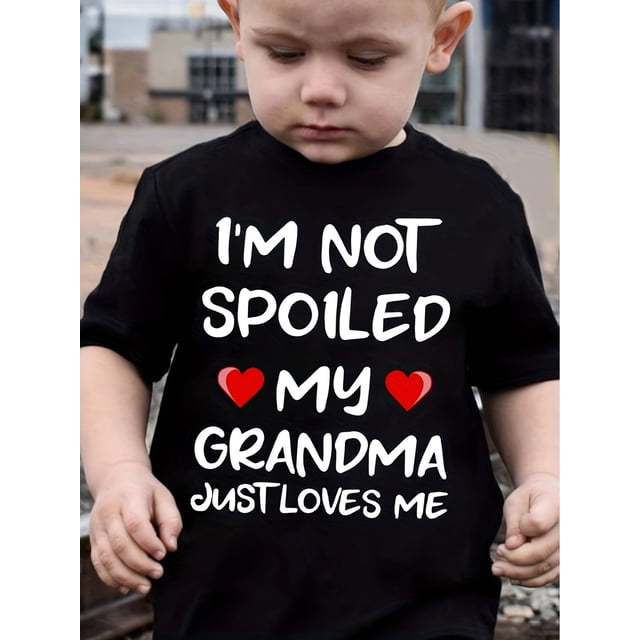 MILKYSHIP Boys' Casual Crew Neck Polyester T-Shirt with 'I'm Not Spoiled, My Grandma Just Loves Me' Print, Regular Fit Knit Fabric Top with Applique, Slight Stretch Alphabet Pattern Tee for Children