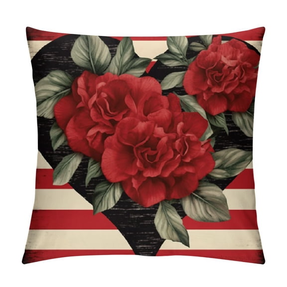 Heduofu Valentine's Day Rose Flowers Decorative Throw Pillow Covers , Red Heart Floral Black Stripes Outdoor Home Decor, Wedding Couch Cushion Case White