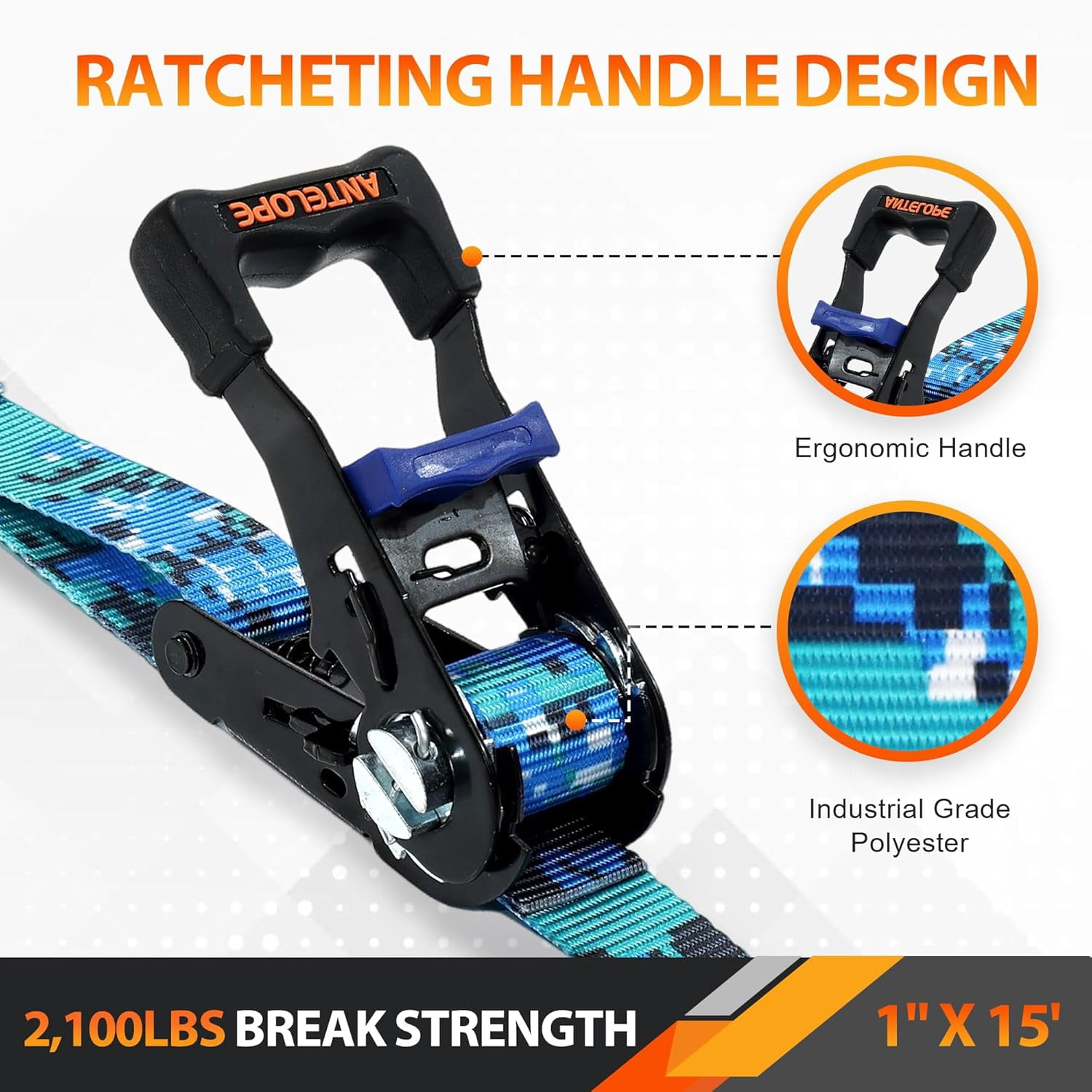 A ANTELOPE 4-Pack 15' Ratchet Tie-Down Straps, 2100LBS Break Strength, Rubber Handles & Coated Safety Lock S-Hooks, Includes 2 Bungee Cords for Truck, Motorcycle Cargo Securing, Camo