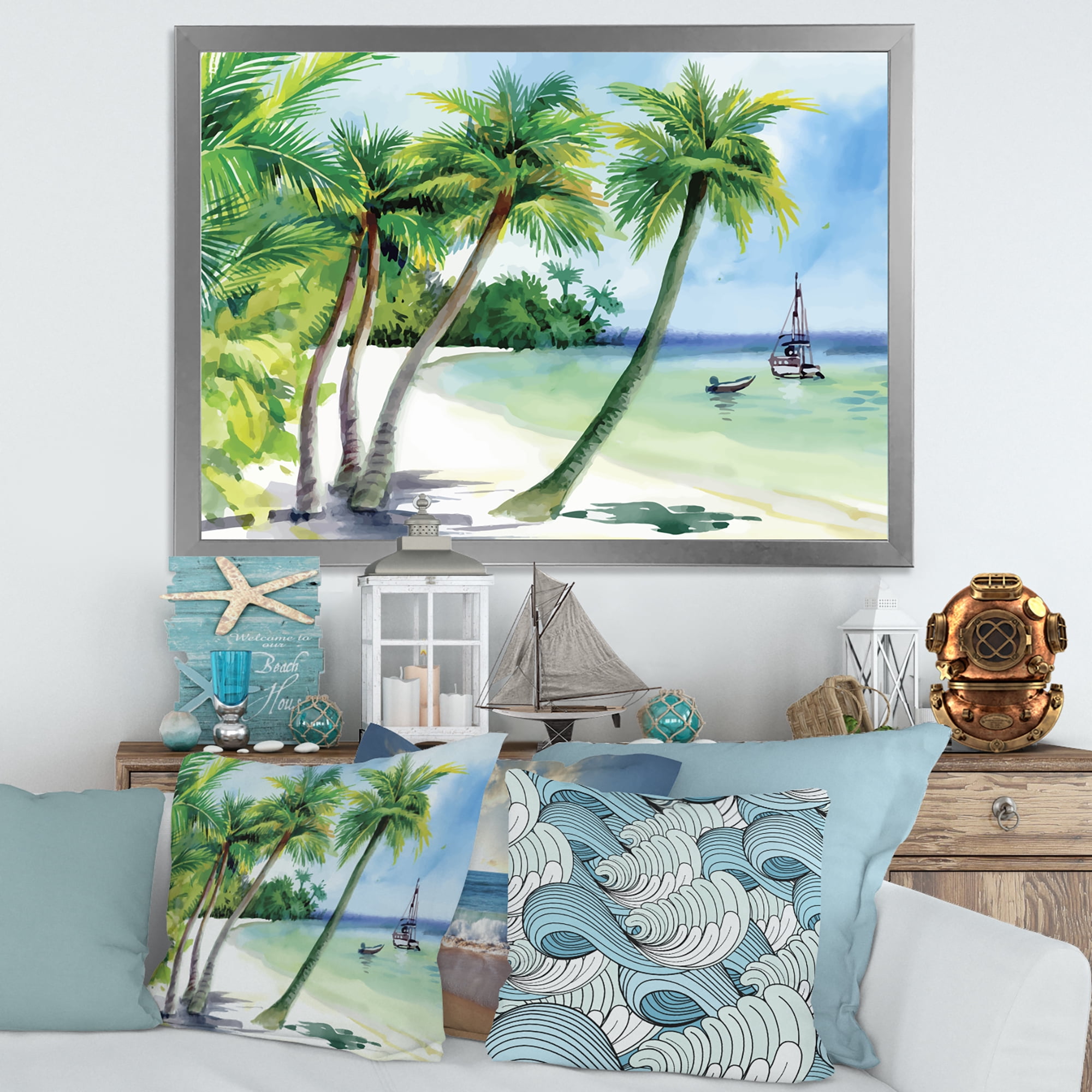 Designart 'Palm Trees With Summer Beach' Nautical & Coastal Framed Art Print