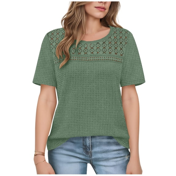 AKOEE Women's Waffle Knit Tops Hollow Out Lace Patchwork Crewneck T-Shirts Short/Long Sleeve Thin Base Sweater (XL, Green|Short-Sleeve)