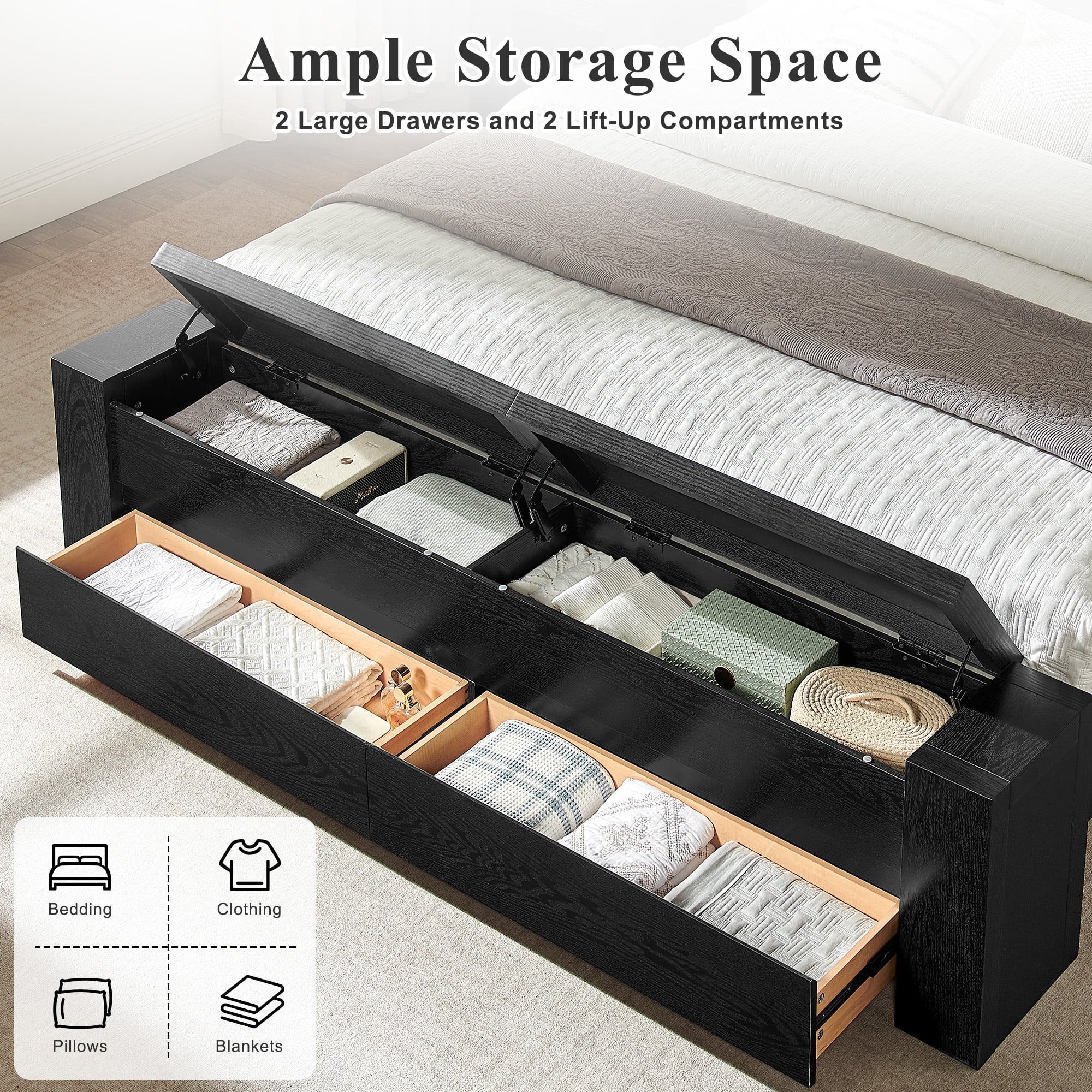 KeyWhat Modern Queen Size Storage Bed Frame with Panel Headboard, Footboard Storage Bench, Built-In Drawers, Lift-Up Compartments, No Box Spring Needed, Black Oak