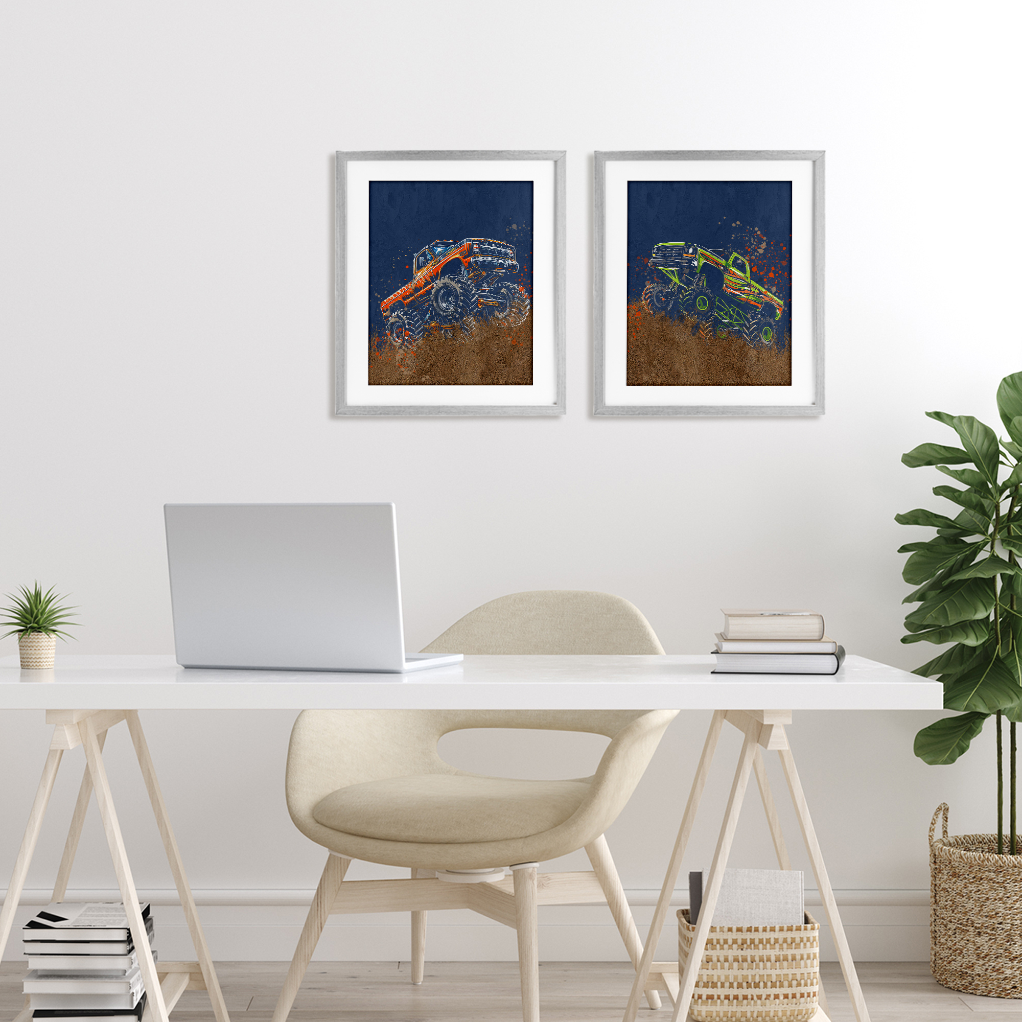 Monster Truck Jam 2 Piece Gray Framed Print Under Glass Set, design by Kim Allen