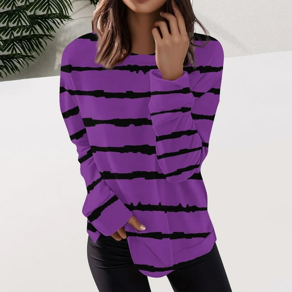 CQONEPT Womens Long Sleeve Tops Stripe Crewneck Sweatshirt Casual Loose Fit Comfy Trendy Fall Pullover Purple M