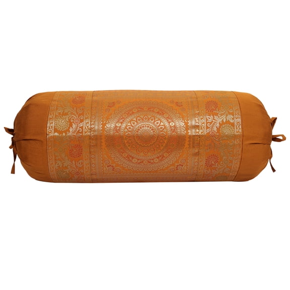 Stylo Culture Traditional Polydupion Cylindrical Tubular Bolster Pillow Cover Brown Mandala Jacquard Brocade Border Large Diwan Cylinder Pillow Cushion Cover (1 Pc) | 30x15 Inches (76x38 cm)