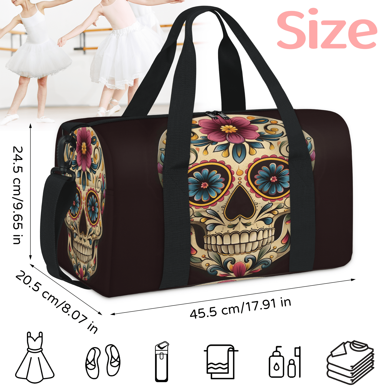 Herdesigns Day The Dead Skull Halloween Gym Bag for Women, Duffle Bag for Travel Sport, Lightweight Waterproof Carry on Weekender Overnight Dance Yoga Workout Bags