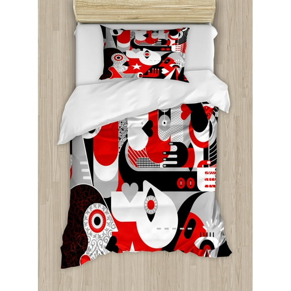 Abstract Woman Duvet Cover Set, Human Faces Illustrated in a Creative Design, Decorative 2 Piece Bedding Set with 1 Pillow Shams, Twin Size, Vermilion Charcoal Grey, by Ambesonne