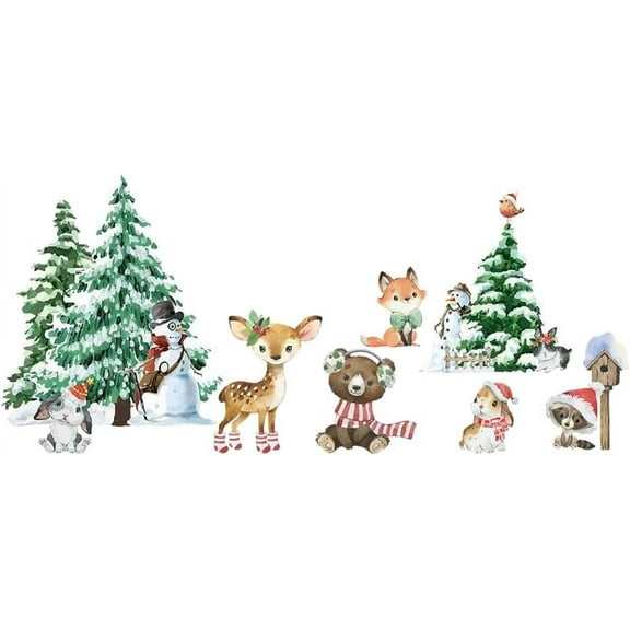 Winter Forest Wall Decals Animals Trees Wall Arts Sika Deer Bunny Fox Wall Decor Cartoon Animals Sticker Decoration for Living Room Christmas Decoration colorful DIY