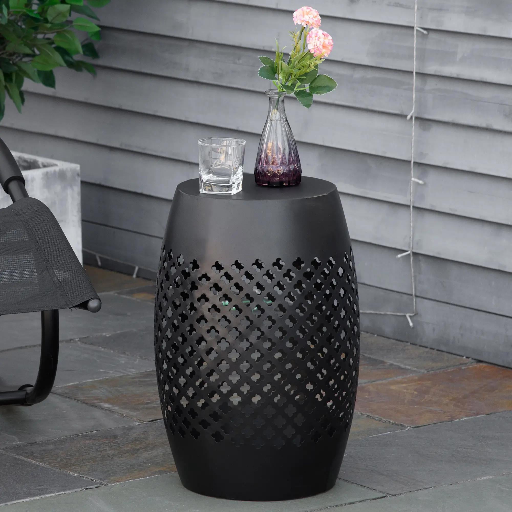 Resenkos Outdoor Side Table, Round Hollow Drum Patio End Table, Steel, Black