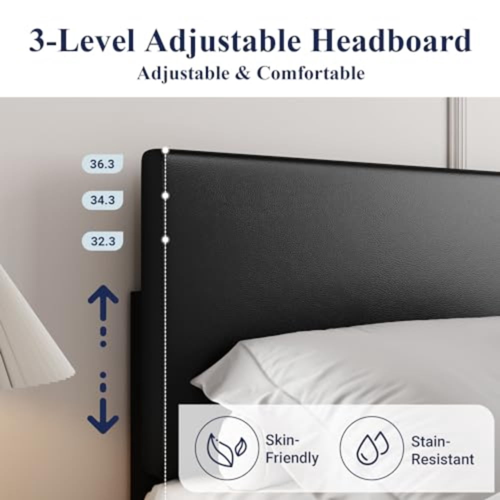 King Size Bed Frame with Adjustable Headboard, Faux Leather Platform Bed with Wood Slats, Heavy Duty Mattr Foundation, No Box Spring Needed, Noise-Free, Ey sembly, Bla