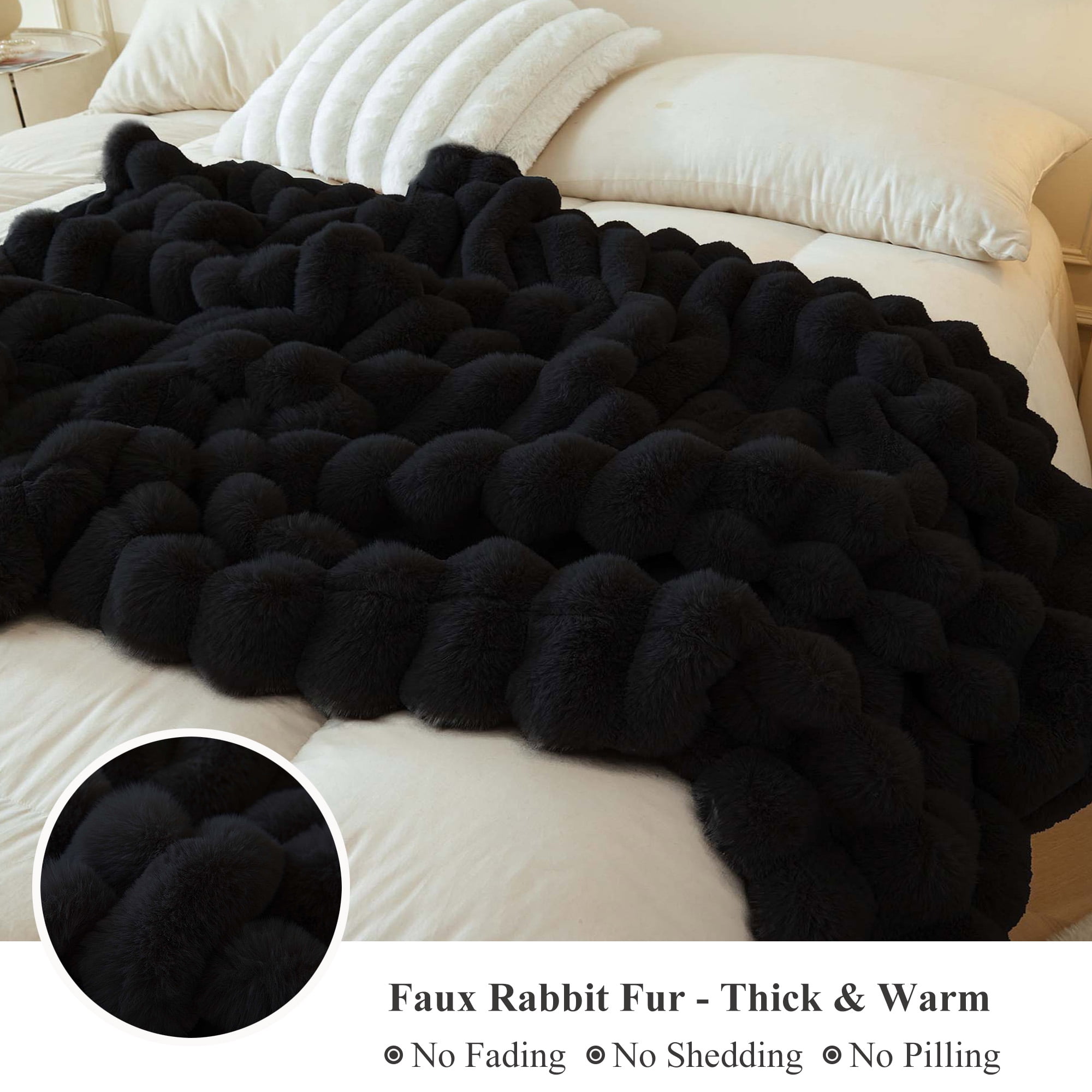 XeGe Fluffy Faux Rabbit Fur Throw, Luxury Ribbed Stripe Plush Fuzzy Blanket for Bed Couch Sofa Chair, Decorative Shaggy Throw Bedroom Living Room, Furry Blanket for Kids Teens Adults, 50x60, Black