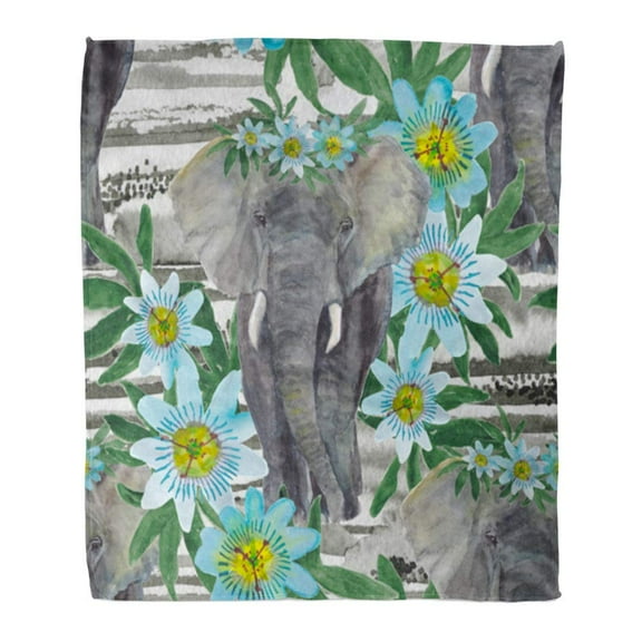 SIDONKU Throw Blanket Warm Cozy Print Flannel Watercolor Painting Elephant and Passion Flowers on Stripes Comfortable Soft for Bed Sofa and Couch 58x80 Inches