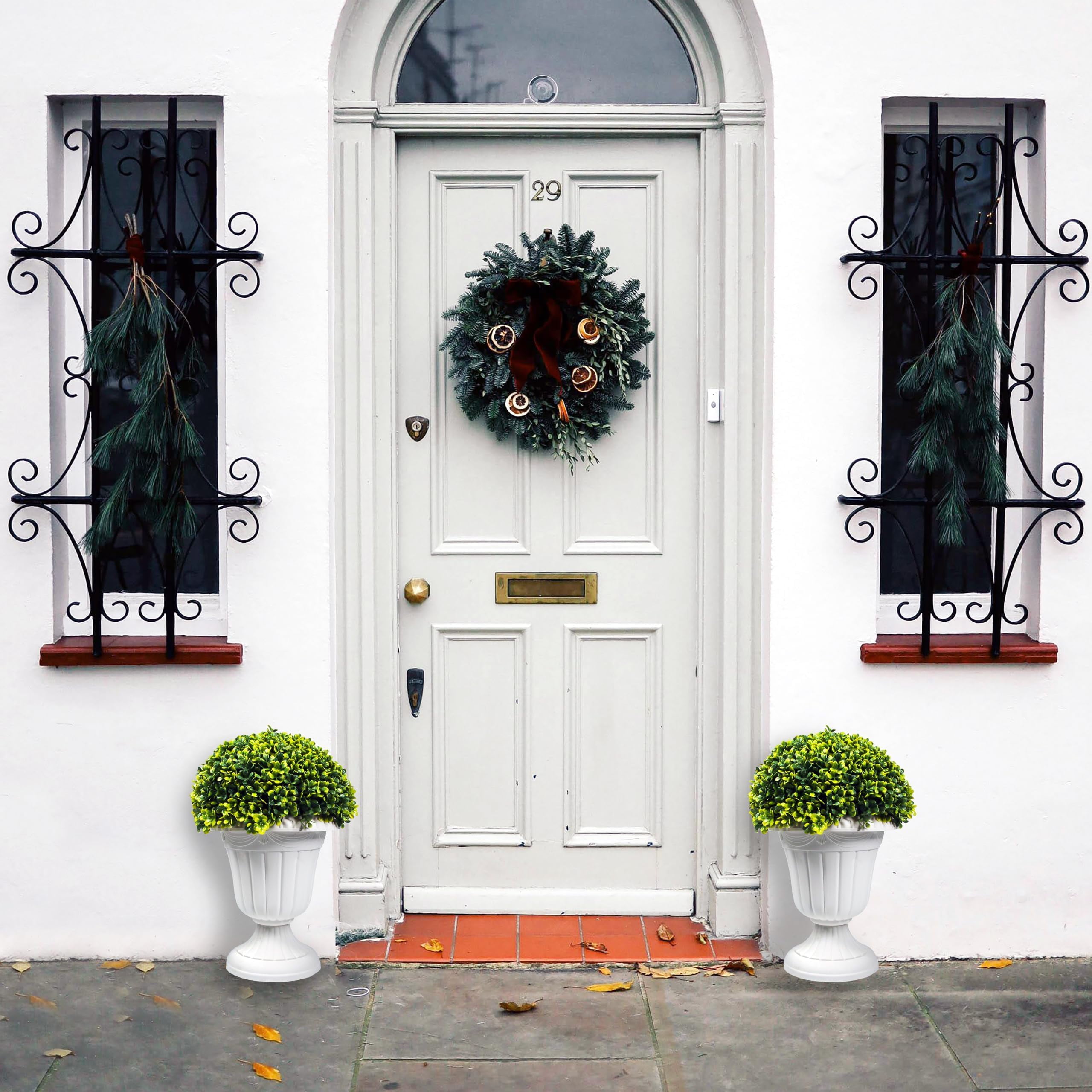 Bibana 2 PCS 17" Artificial Plastic Boxwood Ball Tree, Faux Potted Decorative Topiary Plant, UV Resistant Fake Plant in Pot for Home Gate Indoor Outdoor Patio Office Decor
