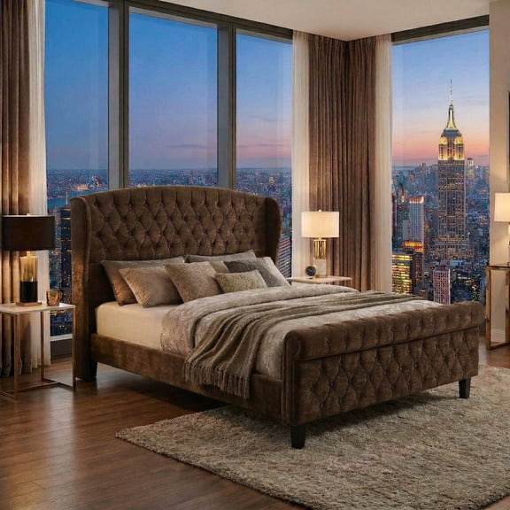 Sailvan Queen Size Sleigh Bed Frame Upholstered in Chenille with High Offset/Tufted Headboard and Footboard with Button Tufting, No Box Spring Needed