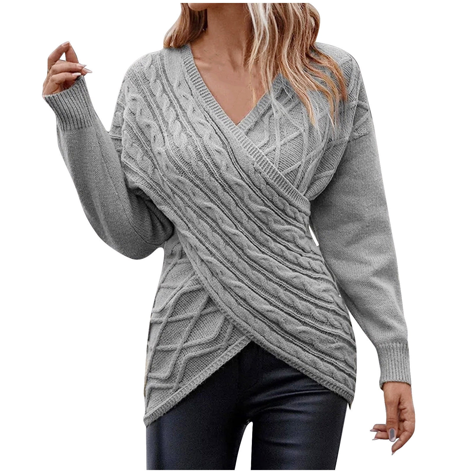 Besolor Women s Wrap V Neck Sweaters 2024 Fall Fashion Long Sleeve Cross Front Solid Color Knitted Pullover Tops Gray