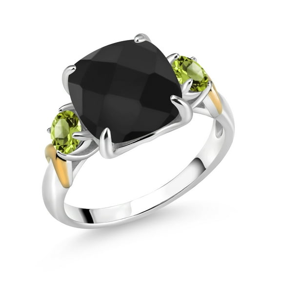 Gem Stone King 925 Silver and 10K Yellow Gold Black Onyx and Green Peridot 3 Stone Ring for Women (4.40 Cttw, Gemstone December Birthstone, Cushion Checkerboard 10MM, Round 4MM, Size 7)