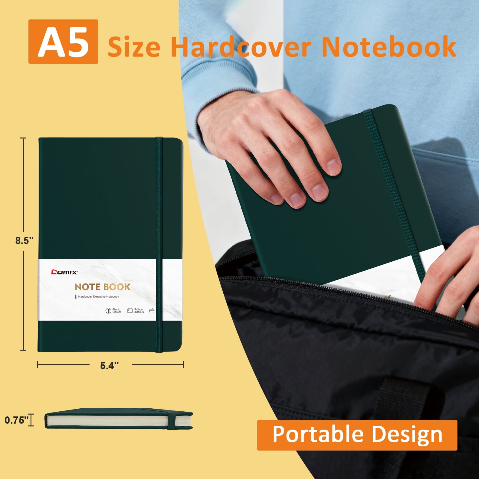 Comix Hardcover Notebook,Lined Journal for Writing, 240 Pages, 5.4 x 8.3 inch, 6 Pack Dark Green