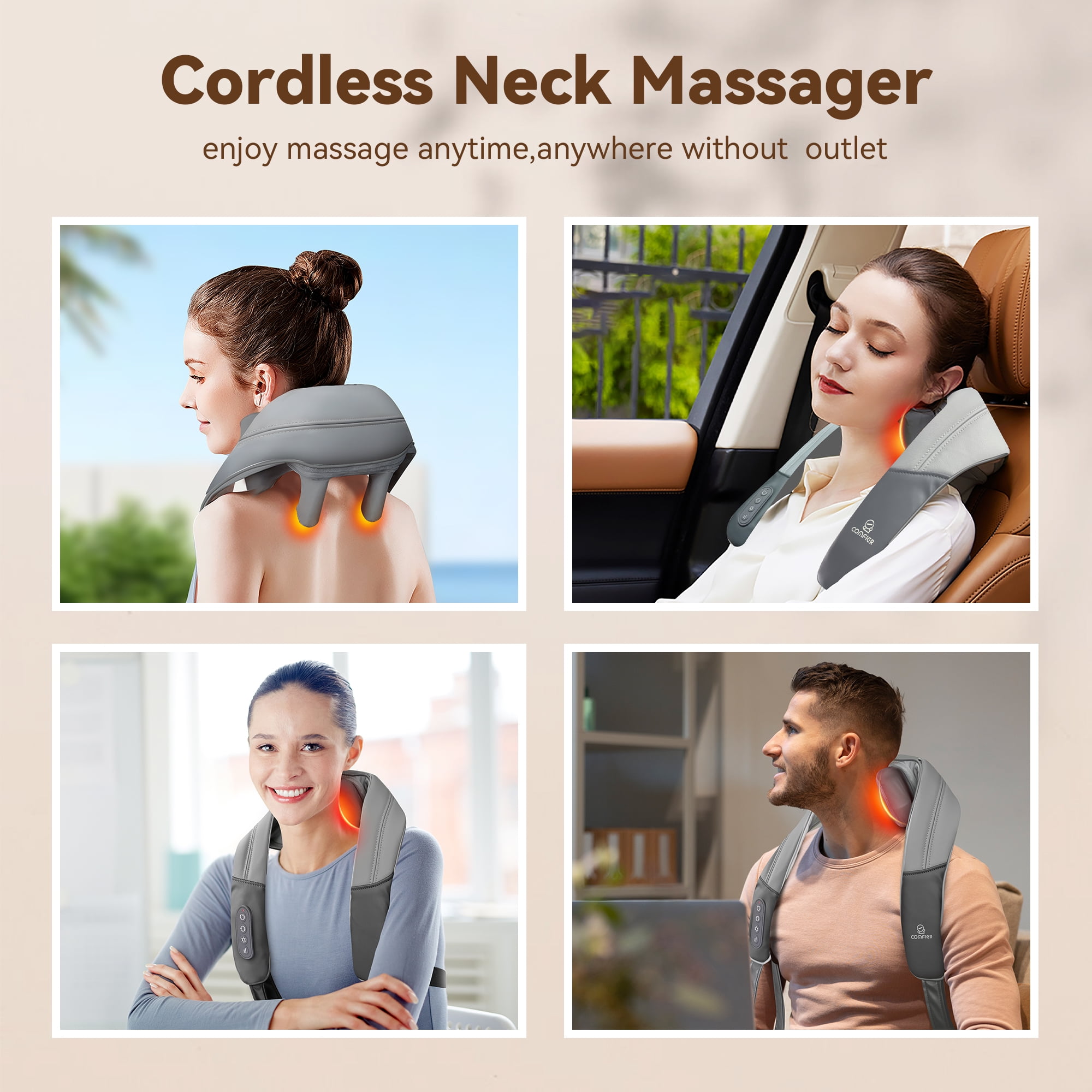 Comfier 4D Cordless Neck and Shoulder Massager with Heat, Shiatsu Kneading Back Massagers for Pain Relief