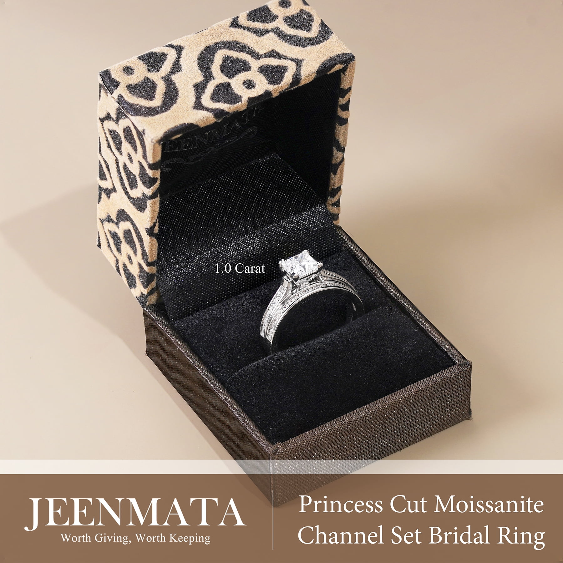JeenMata 1 Carat Princess Cut Moissanite Wedding Set - Bridal Set - Engagement Ring - Channel Set Ring - Cluster Ring - 18k White Gold Plated for Women