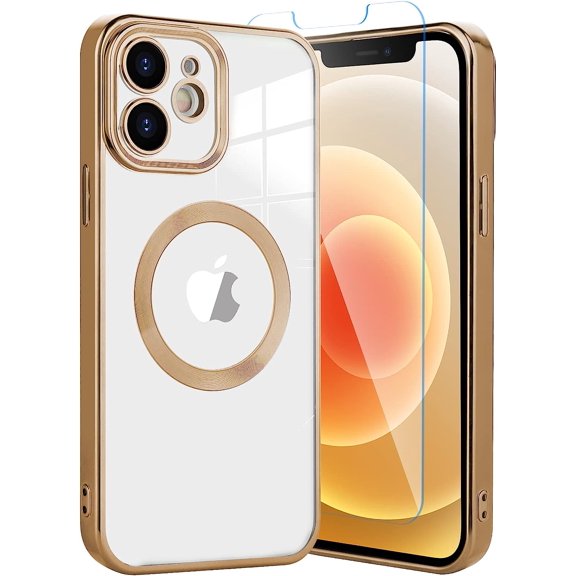 for iPhone 12 Case Magnetic [Support Magsafe Charger] Wireless Anti-Scratch Shockproof Clear Four Corner Cushion Screen Protector Anti-Dropping Full Body Protection Cover-Gold