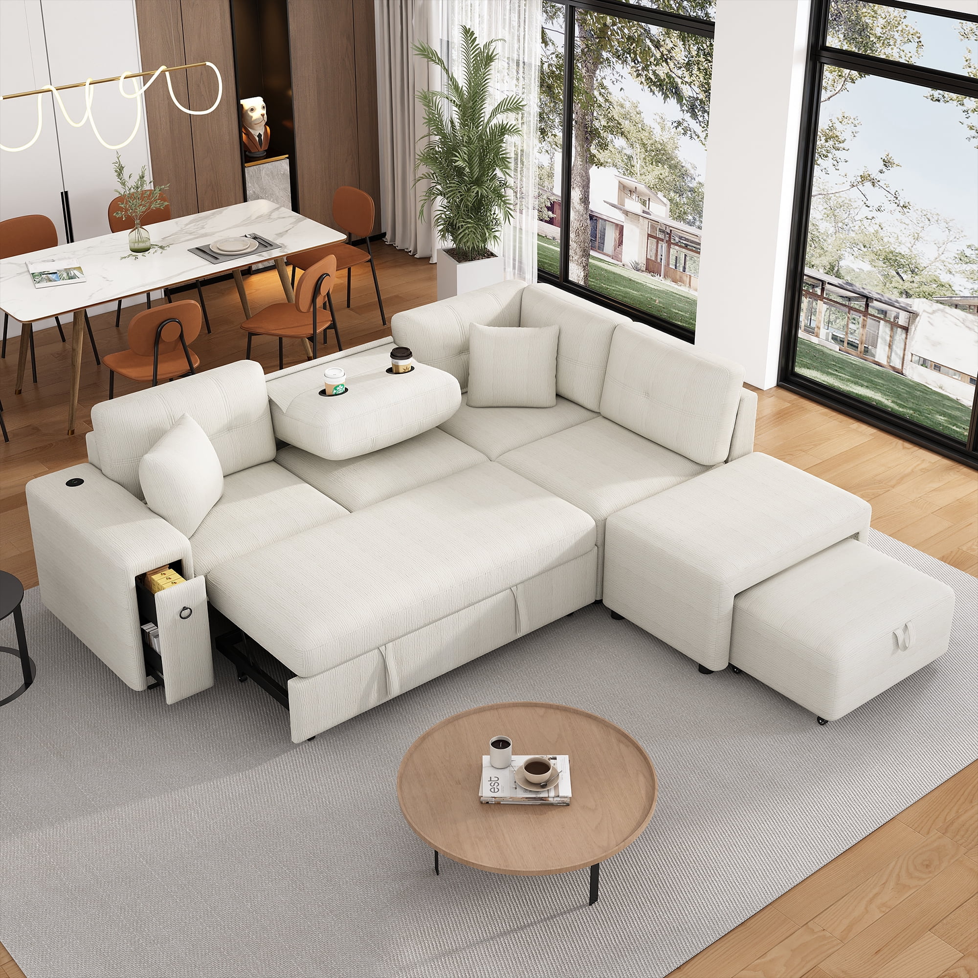 EUROCO Chenille Convertible L Shaped Sectional Couch,Modular Sectional Sleeper Sofa with Pull Out Couch Bed,1 Movable Ottoman,2 USB Ports and 2 Cup Holders for Living Room Apartment,86.6"×74"