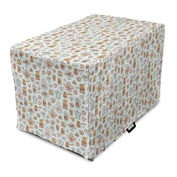 Tea Party Dog Crate Cover, Scattered Motifs of Coffee French Press Mocha Pot Cupcake Pastry Pretzels, Easy to Use Pet Kennel Cover Small Dogs Puppies Kittens, 7 Sizes, Pale Caramel Peach, by Ambesonne