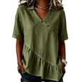 thumbnail image 3 of VBVC Women's Collared V-Neck Tunic Blouse, Ladies' Asymmetrical Button Ruffle Hem Shirt,Summer Short Sleeve Top For Women,Army Green,S-2XL, 3 of 6