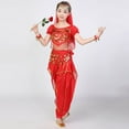 thumbnail image 4 of Kids Girls Belly Dance Halter Top Pants Costume Set Sequin Indian Dance Outfit with Head Veil Waist Chain and Bracelets, 4 of 7