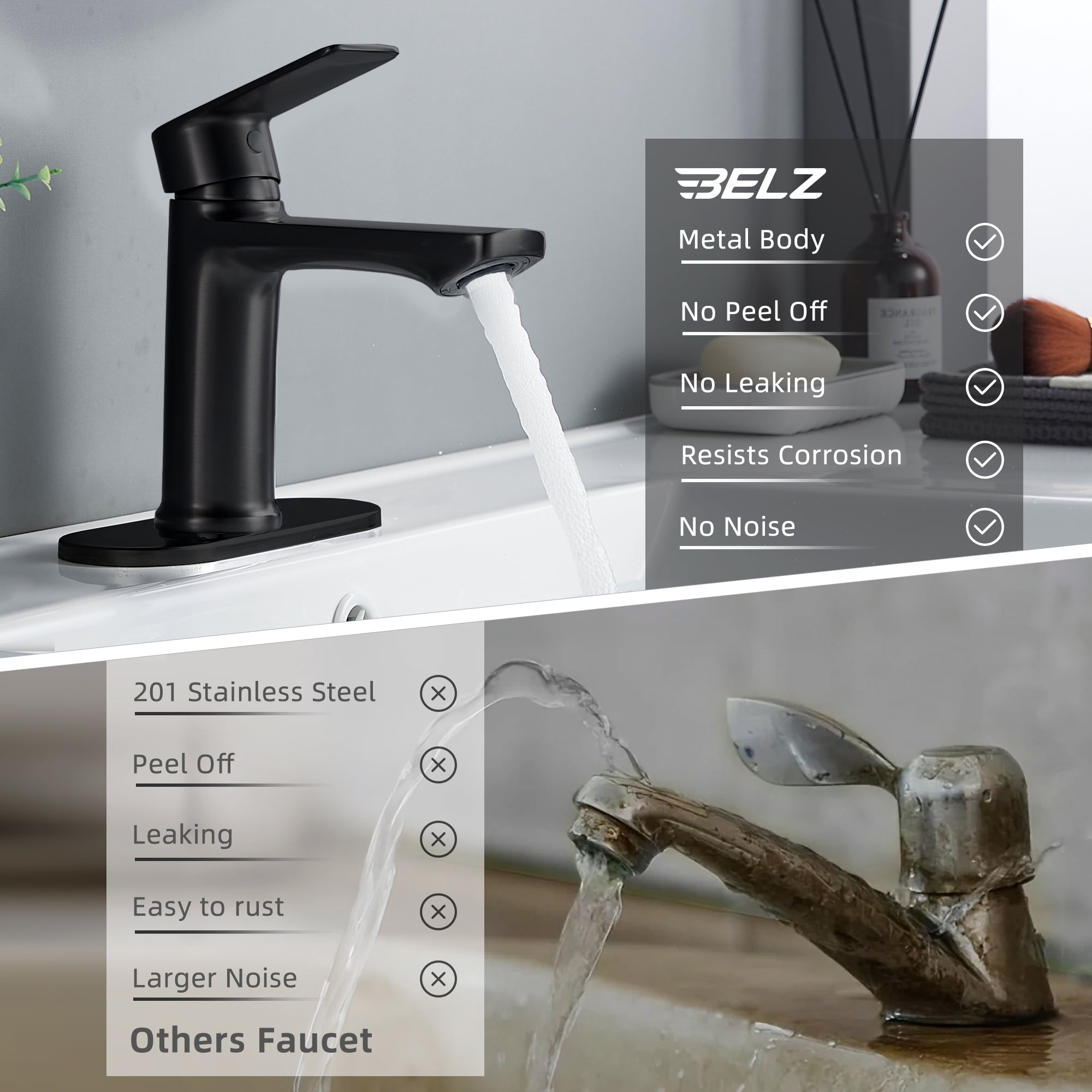 BELZ Bathroom Faucet Modern Single Handle One Hole Bath Vanity Sink Faucets with Pop Up Drain and Deck Plate for 1 or 3 Holes, Black