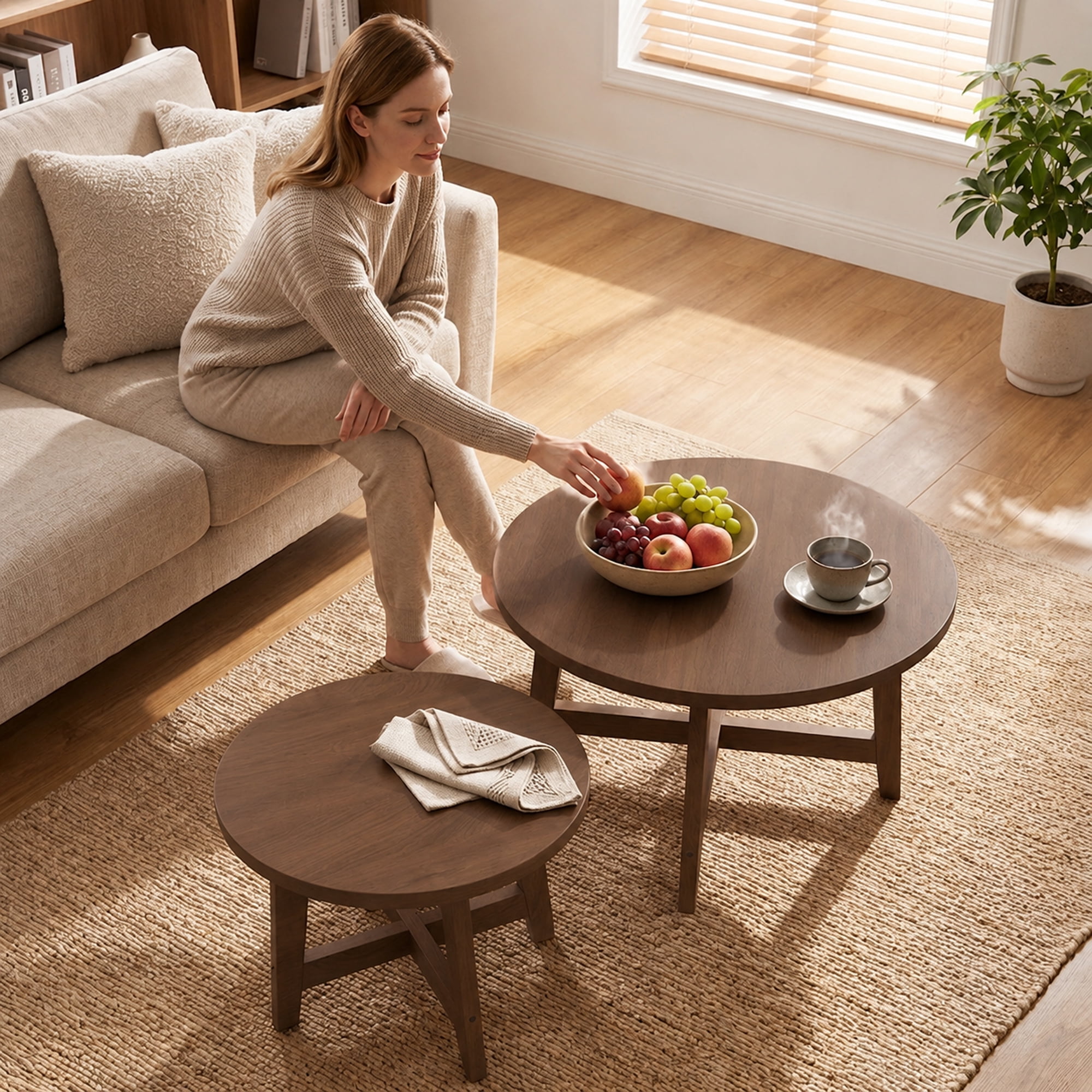 Nesting Coffee Tables Set of 2 Round with Walnut Tone Finish and X-Shaped Frame, Stackable Side Tables and End Tables for Living Room Bedroom, Walnut