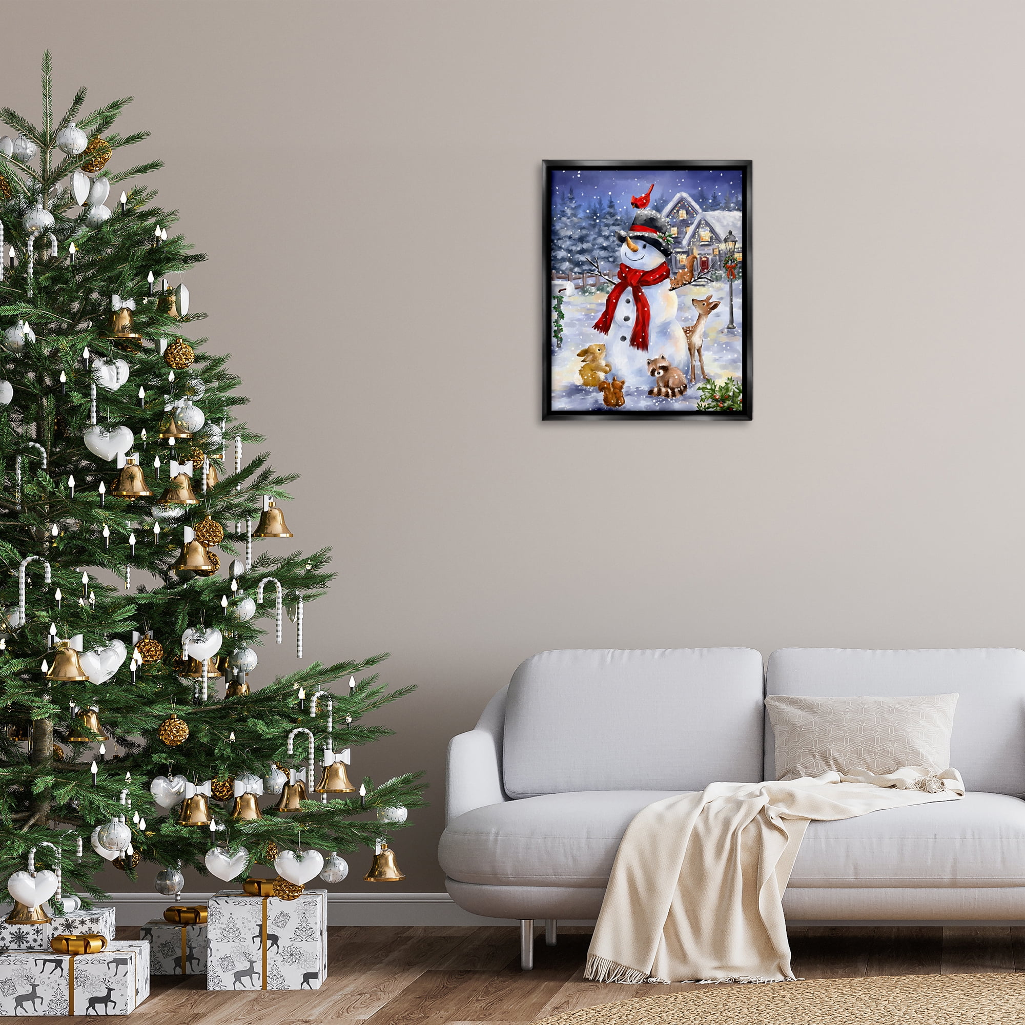 Stupell Industries Snowman & Forest Animals Holiday Painting Black Floater Framed Art Print Wall Art, 25 x 31